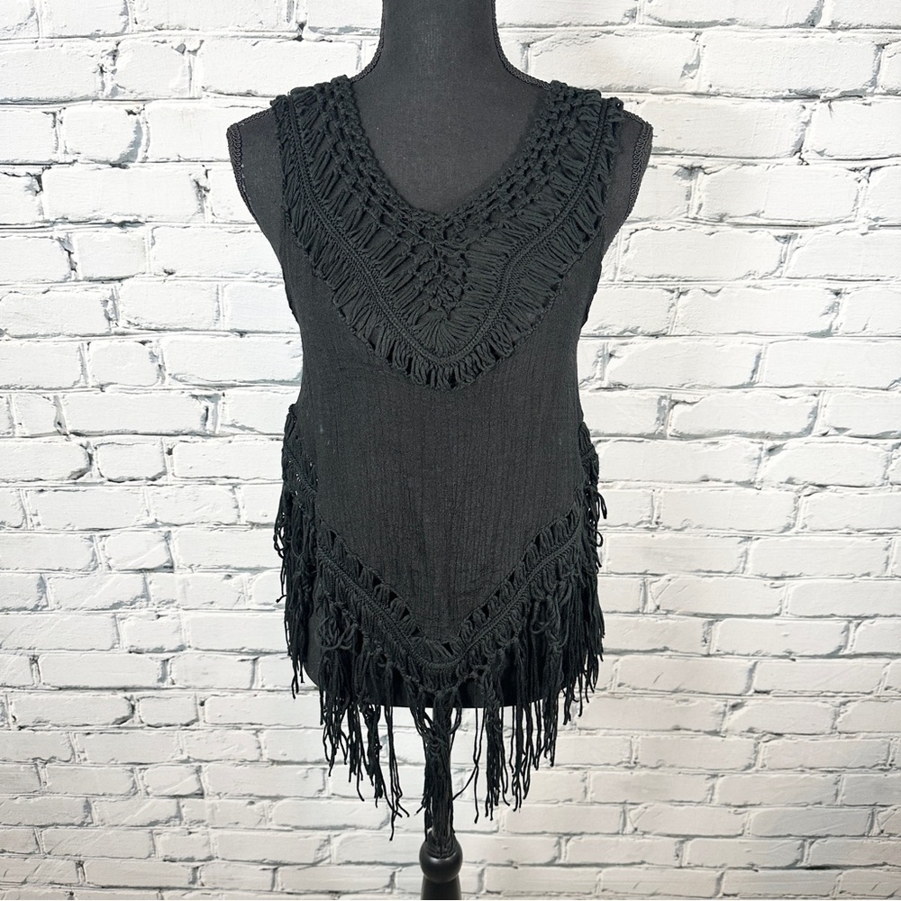Open Crochet Knit Fringe Tank Top Cover Up Size Small Black Boho Festival Beach - Picture 3 of 9
